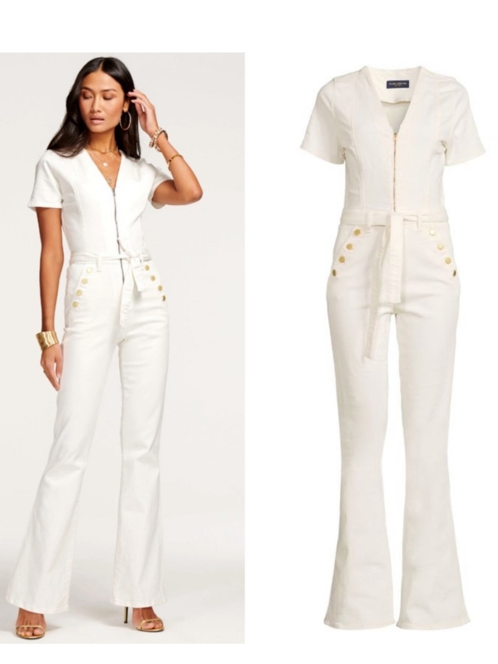Ramy Brook White Short-Sleeve Zip Front Jumpsuit with Belt